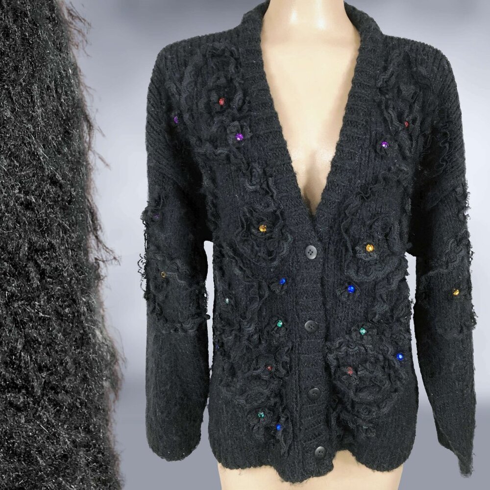 VINTAGE 80s Wild Embellished Faux Mohair Cardigan Sweater by Kitty Hawk Sz Large